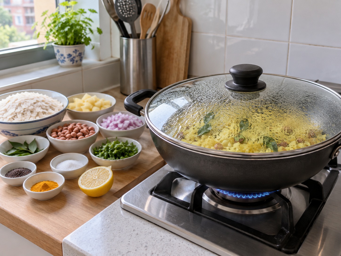 印度香料扁米飯 Poha — 加蓋小火焗約2分鐘