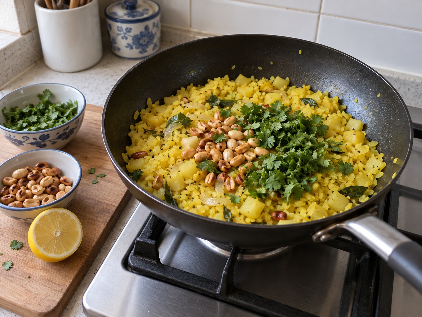 印度香料扁米飯 Poha — 熄火拌入已炒花生及芫荽