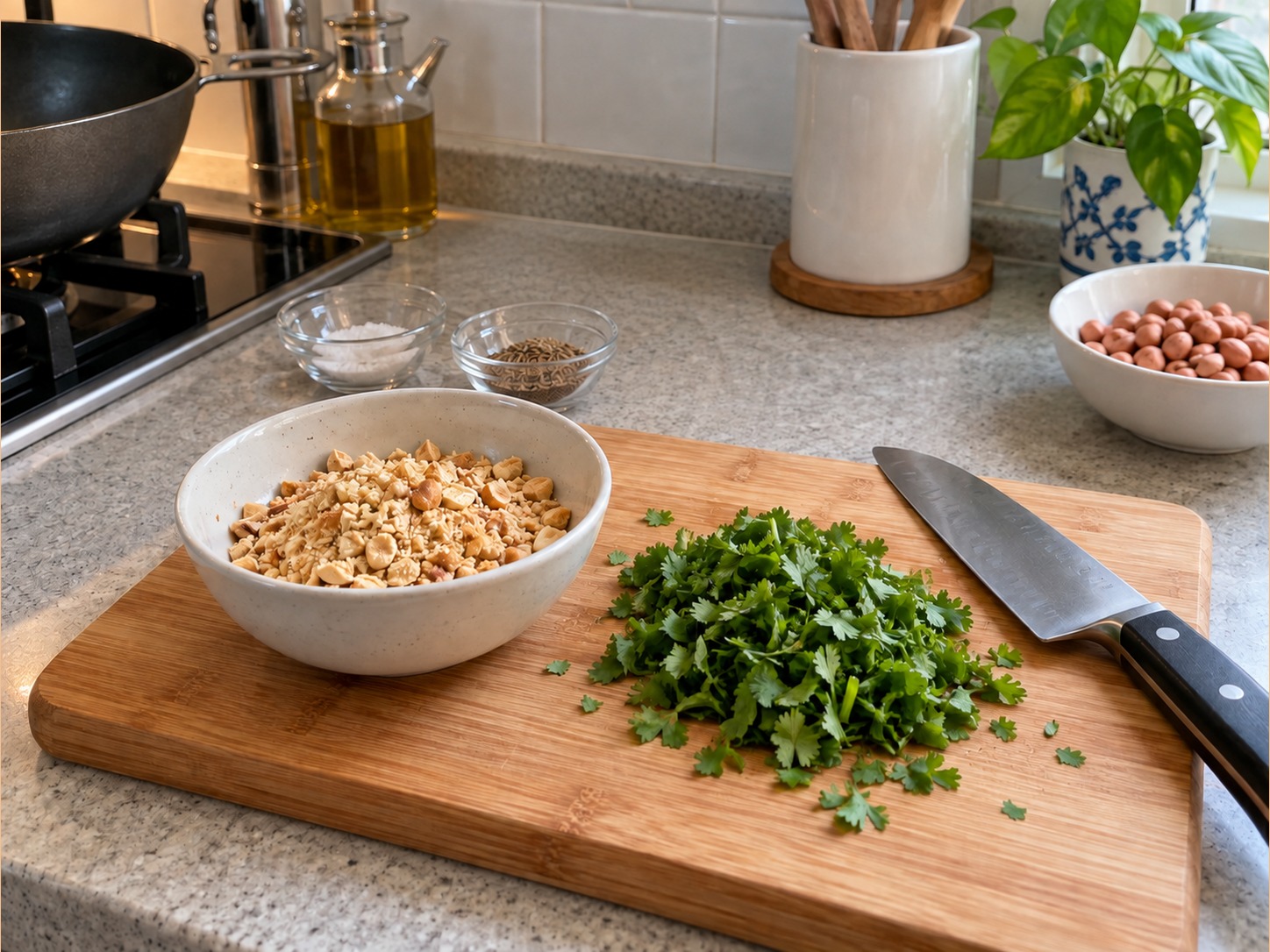 Indian Sabudana Khichdi — Crush peanuts; wash and chop coriander