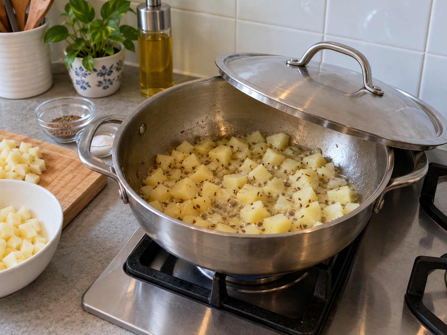 Indian Sabudana Khichdi — Add potato and two tablespoons water; cover seven minutes until pierceable