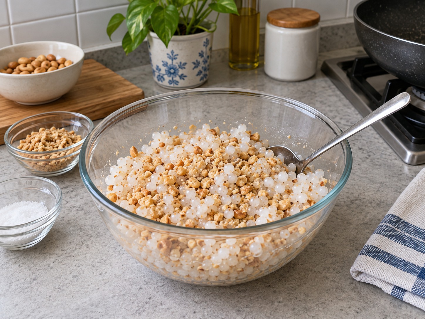 Indian Sabudana Khichdi — Toss pearls with peanuts and salt, then add to pan