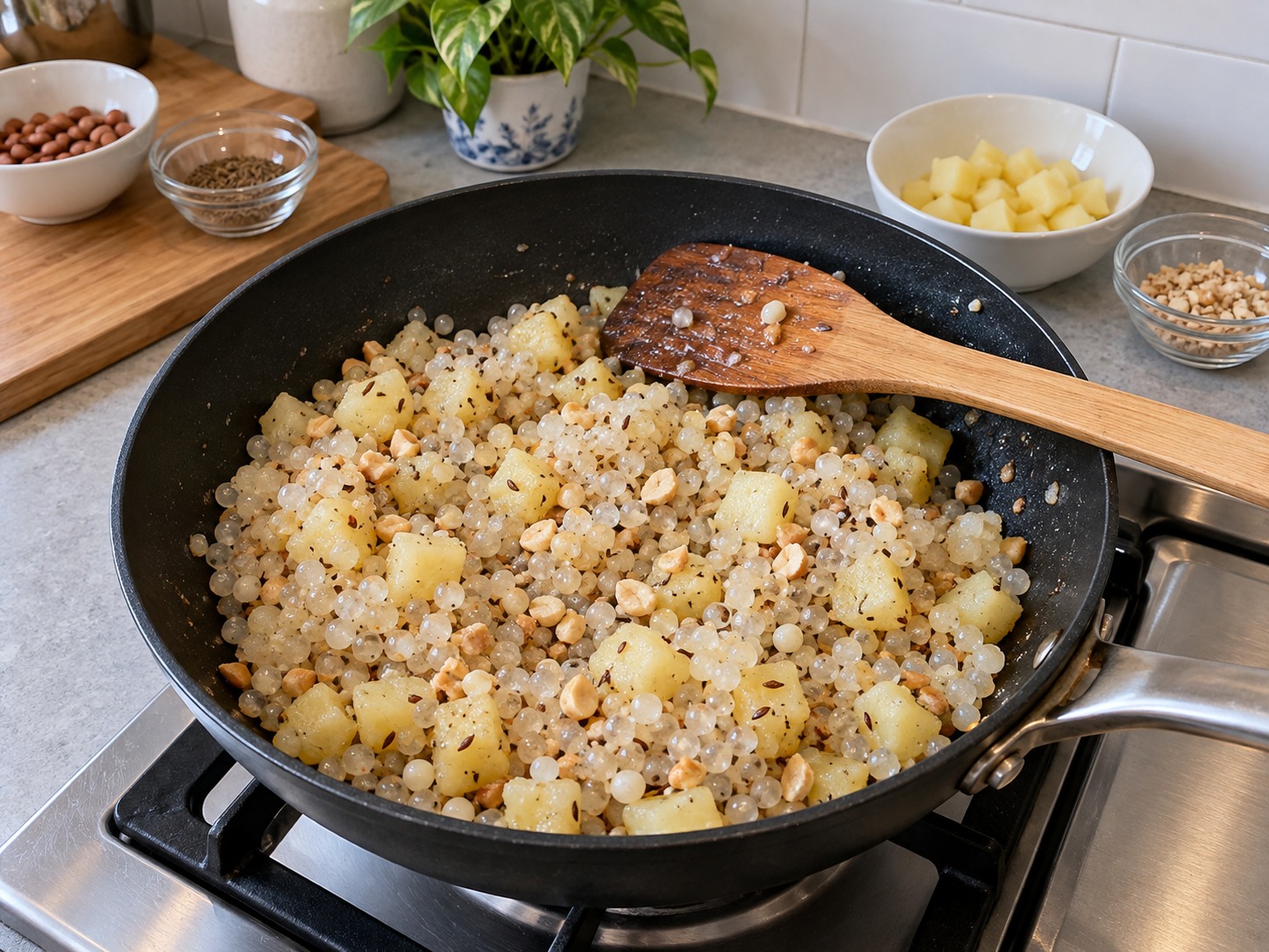 Indian Sabudana Khichdi — Toss gently four to six minutes until translucent without hard centres