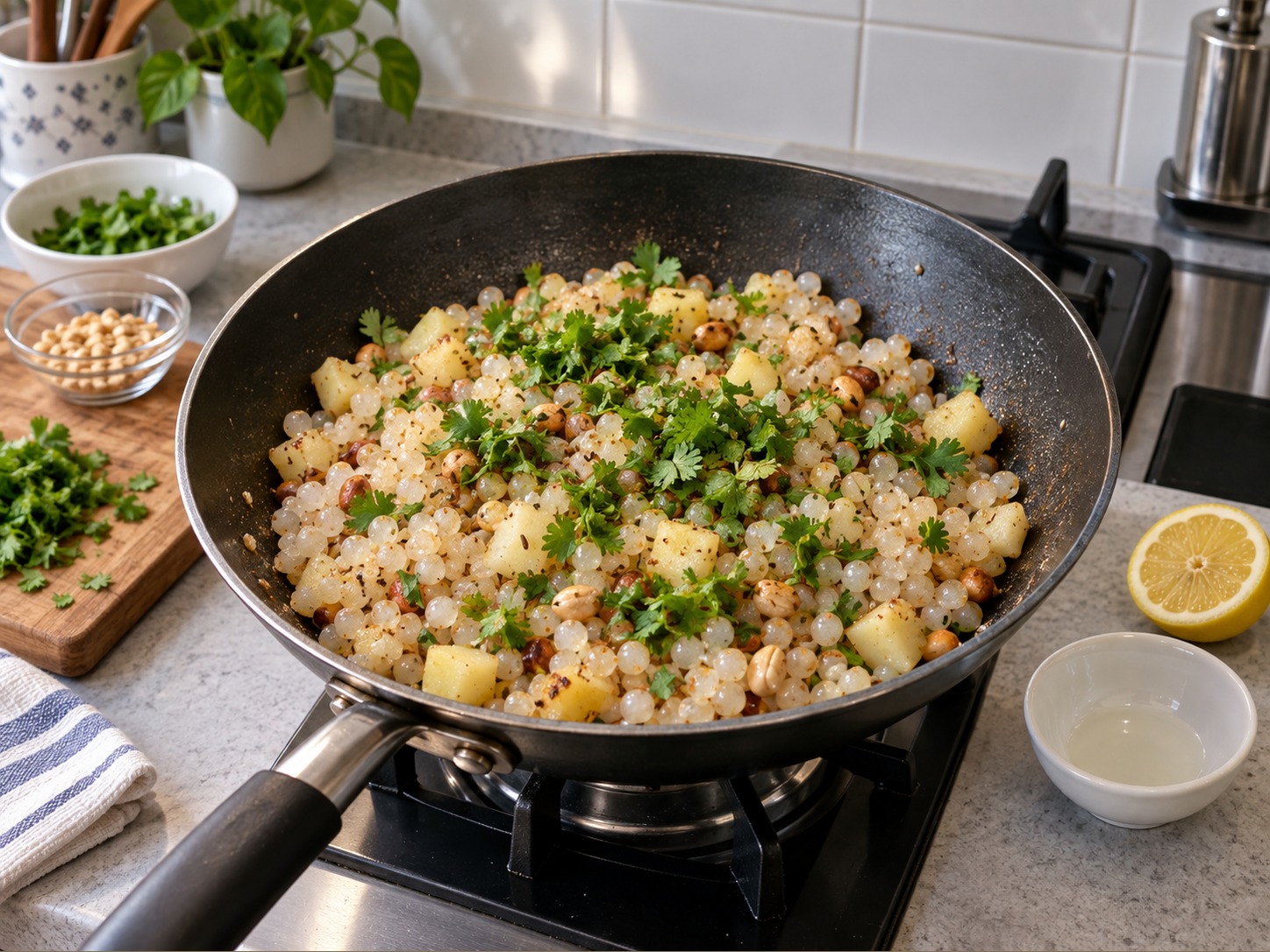Indian Sabudana Khichdi — Turn off heat and add lemon and coriander