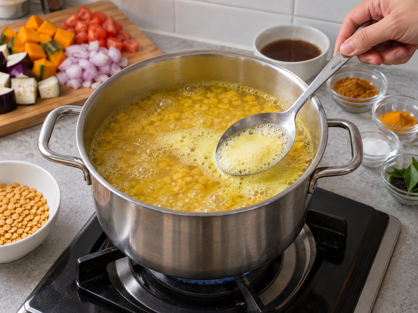 Sup Sambar Lentil dan Sayur India — Mulai merebus kacang