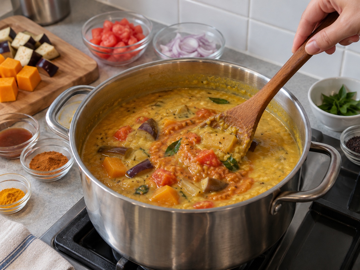 Sup Sambar Lentil dan Sayur India — Gabungkan dan bumbui