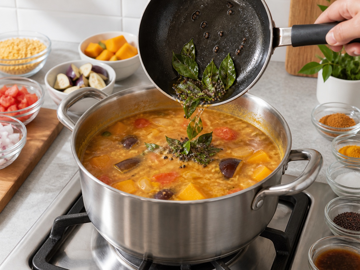 Sup Sambar Lentil dan Sayur India — Tambahkan daun kari