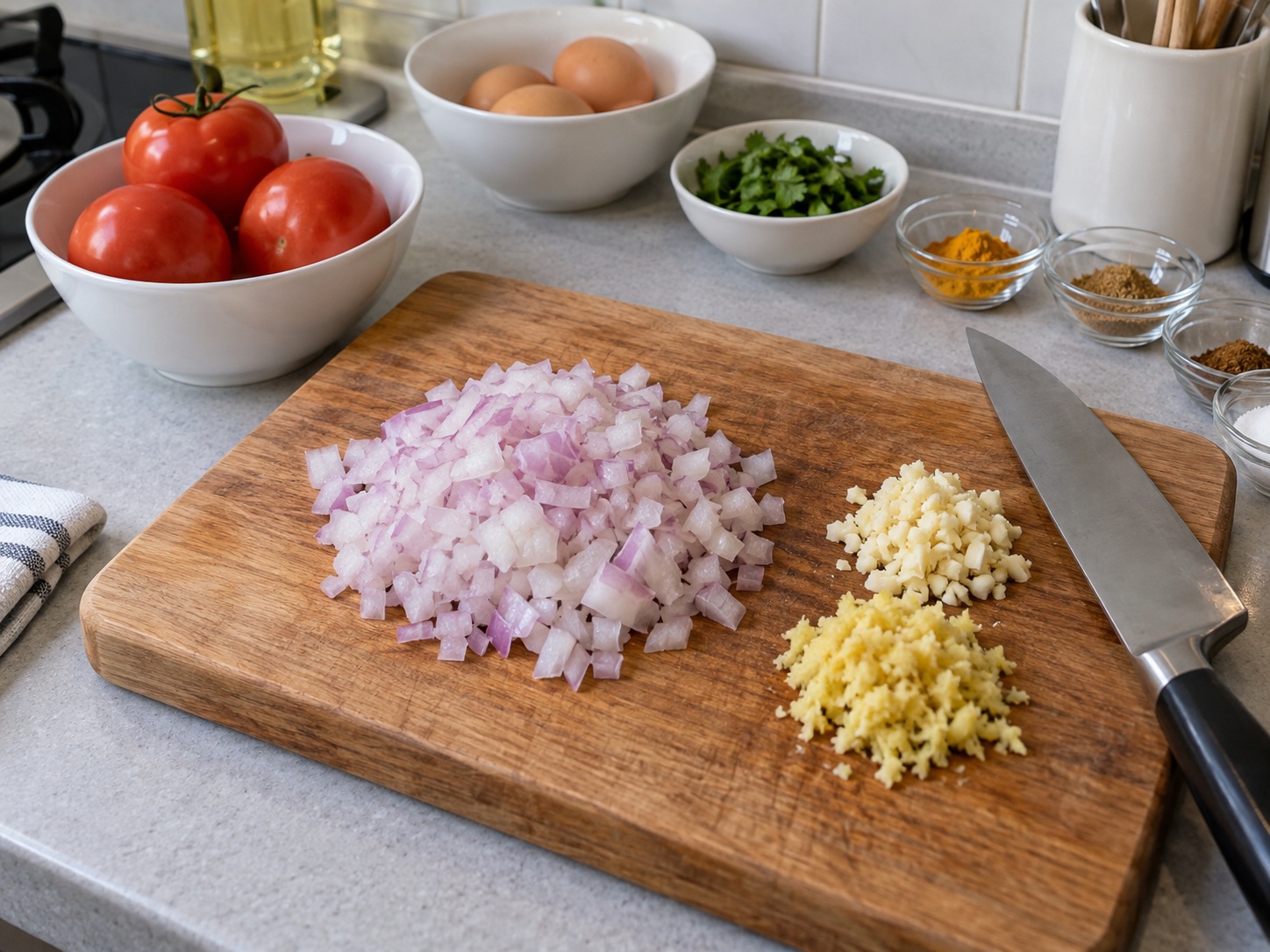 Indian Tomato Egg Curry — Cut aromatics