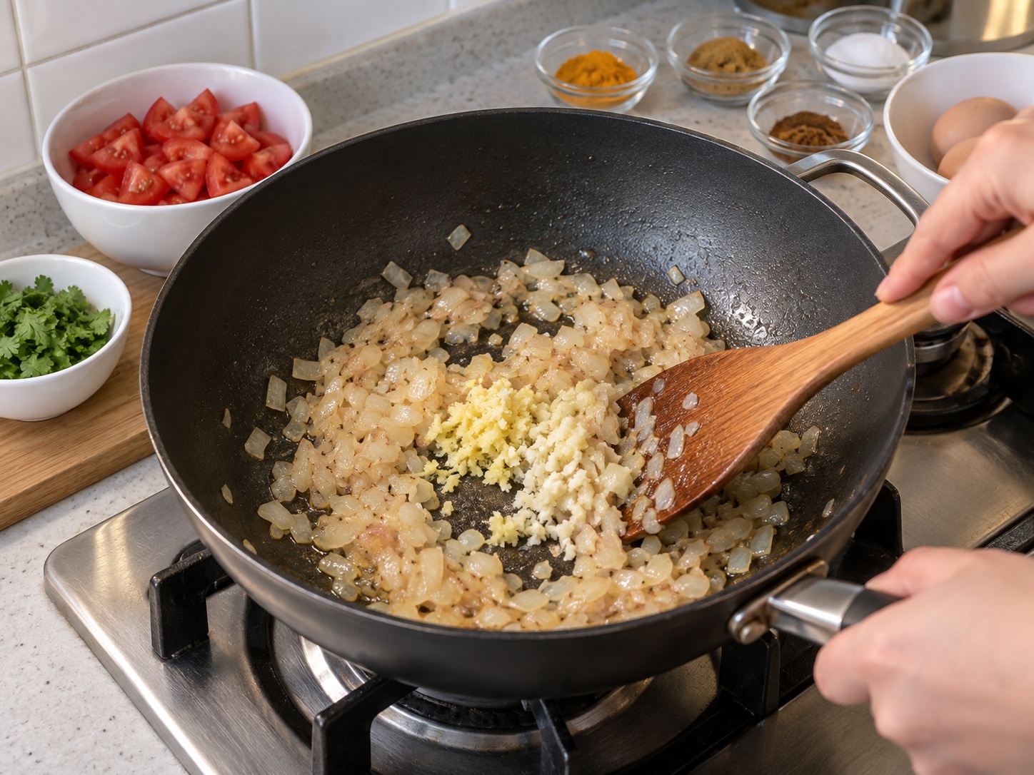 Indian Tomato Egg Curry — Fry ginger and garlic