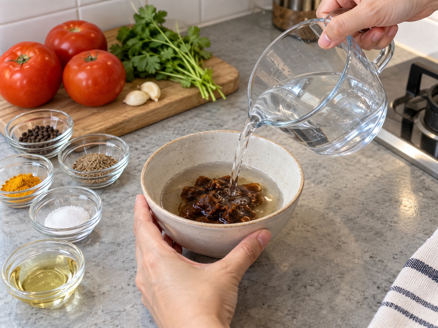印度番茄胡椒清湯 — 羅望子果肉以二百毫升溫水浸十分鐘