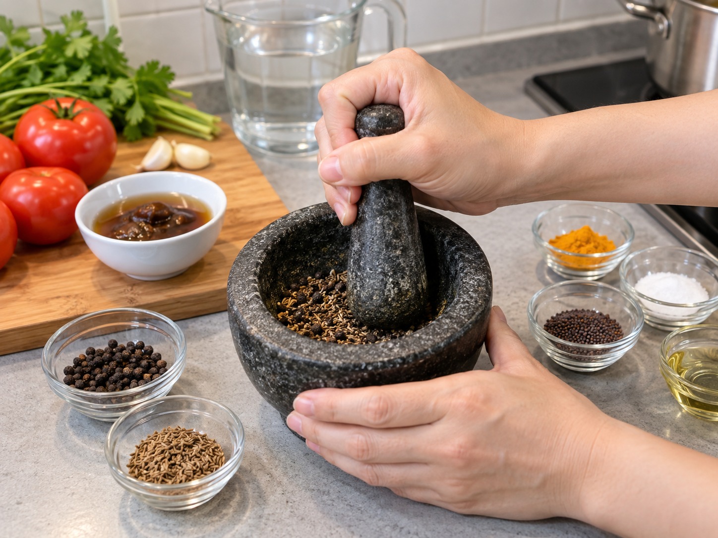 印度番茄胡椒清湯 — 黑胡椒粒及孜然籽用研缽粗略壓碎