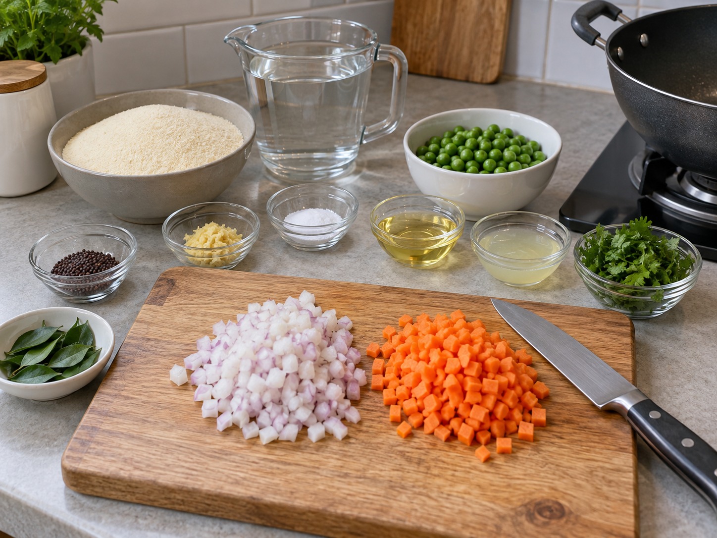 Indian Upma Savoury Semolina Breakfast — Dice onion and carrot finely