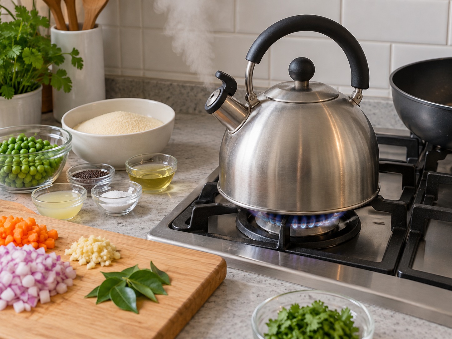 Indian Upma Savoury Semolina Breakfast — Boil a kettle of water