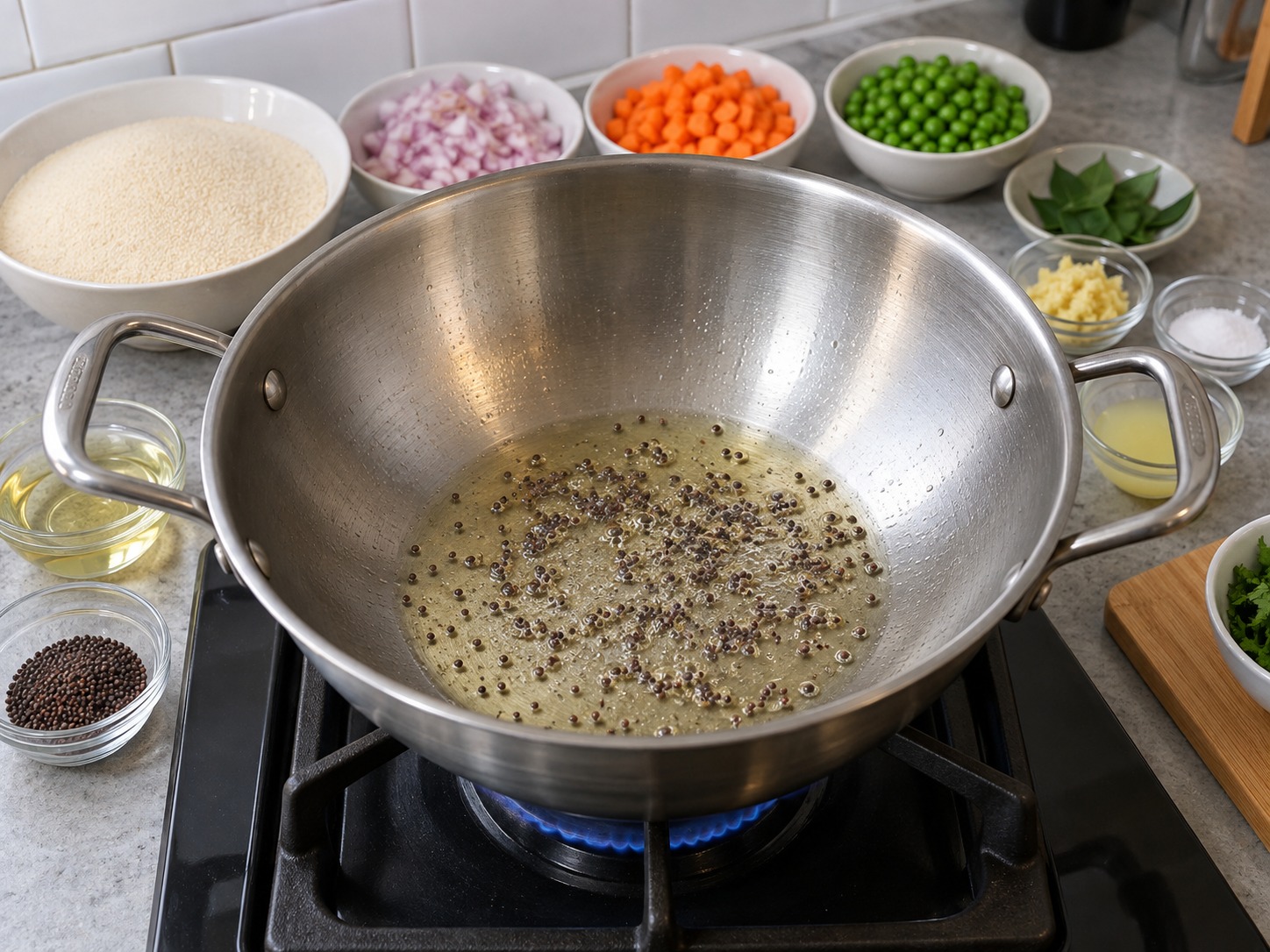 Indian Upma Savoury Semolina Breakfast — Heat oil and add mustard seeds until they pop
