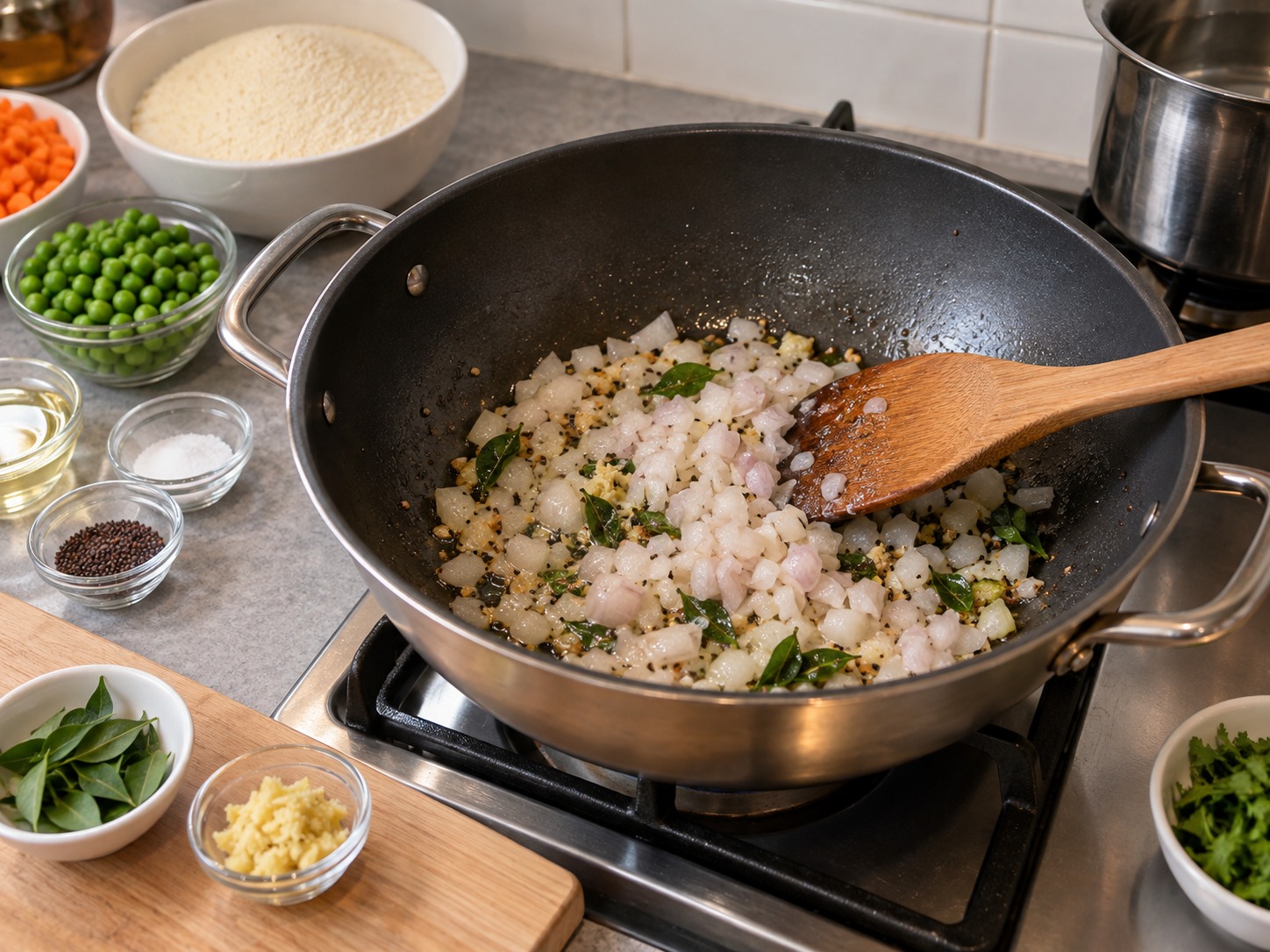 Indian Upma Savoury Semolina Breakfast — Add onion and cook until translucent