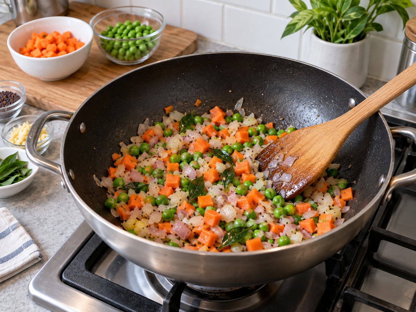 Indian Upma Savoury Semolina Breakfast — Add carrot and peas and fry for two minutes