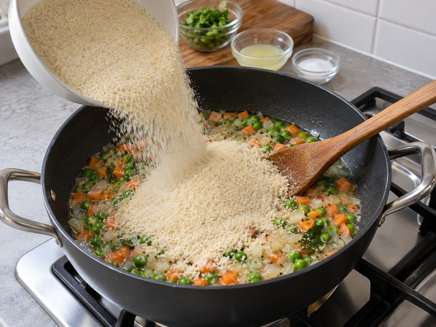 Indian Upma Savoury Semolina Breakfast — Return the semolina and stir well