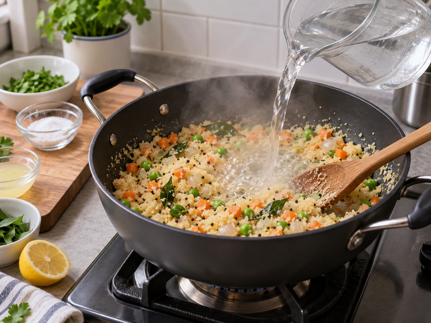 Indian Upma Savoury Semolina Breakfast — Gradually pour in hot water and salt while stirring