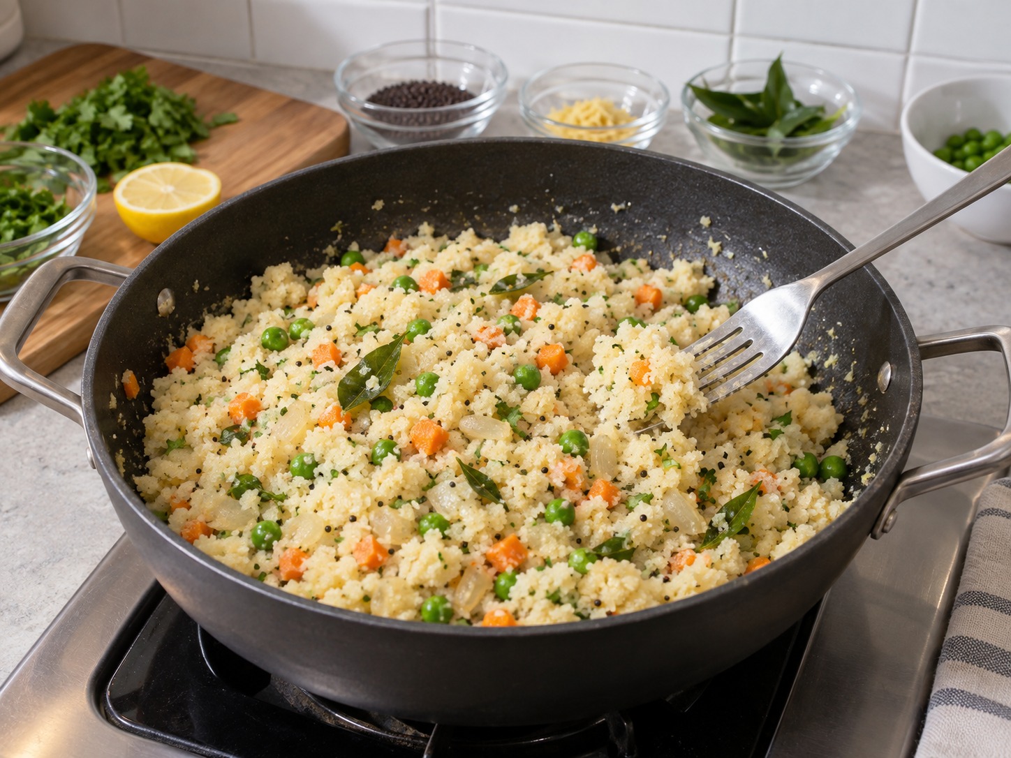 Indian Upma Savoury Semolina Breakfast — Fluff with a fork and check that no dry grains remain