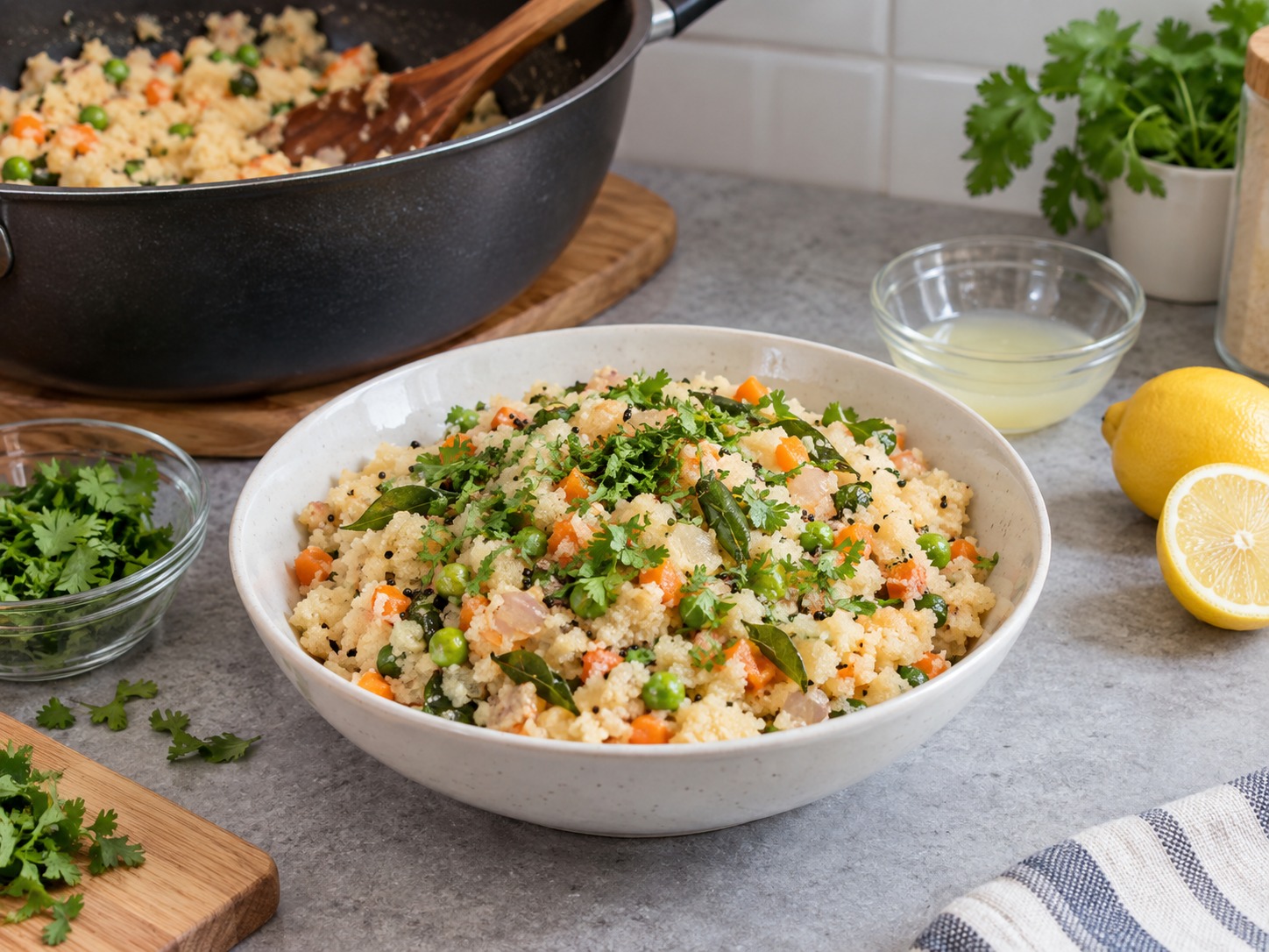 Indian Upma Savoury Semolina Breakfast — Finish with lemon juice and coriander; serve hot