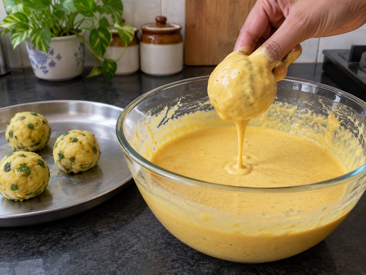 Indian Mumbai Vada Pav — Coat each potato ball in batter and let excess drip back into the bowl