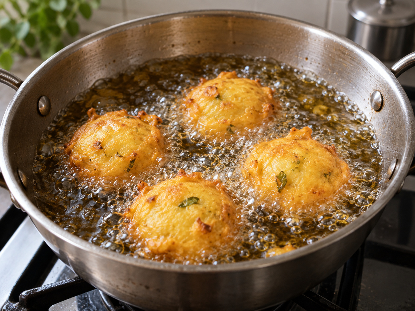 Indian Mumbai Vada Pav — Fry in batches about 4 to 5 minutes until golden and hot through