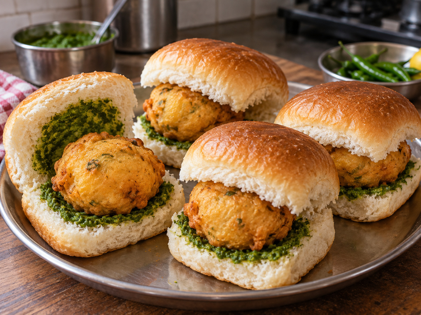 Indian Mumbai Vada Pav — Spread green chutney inside each bun