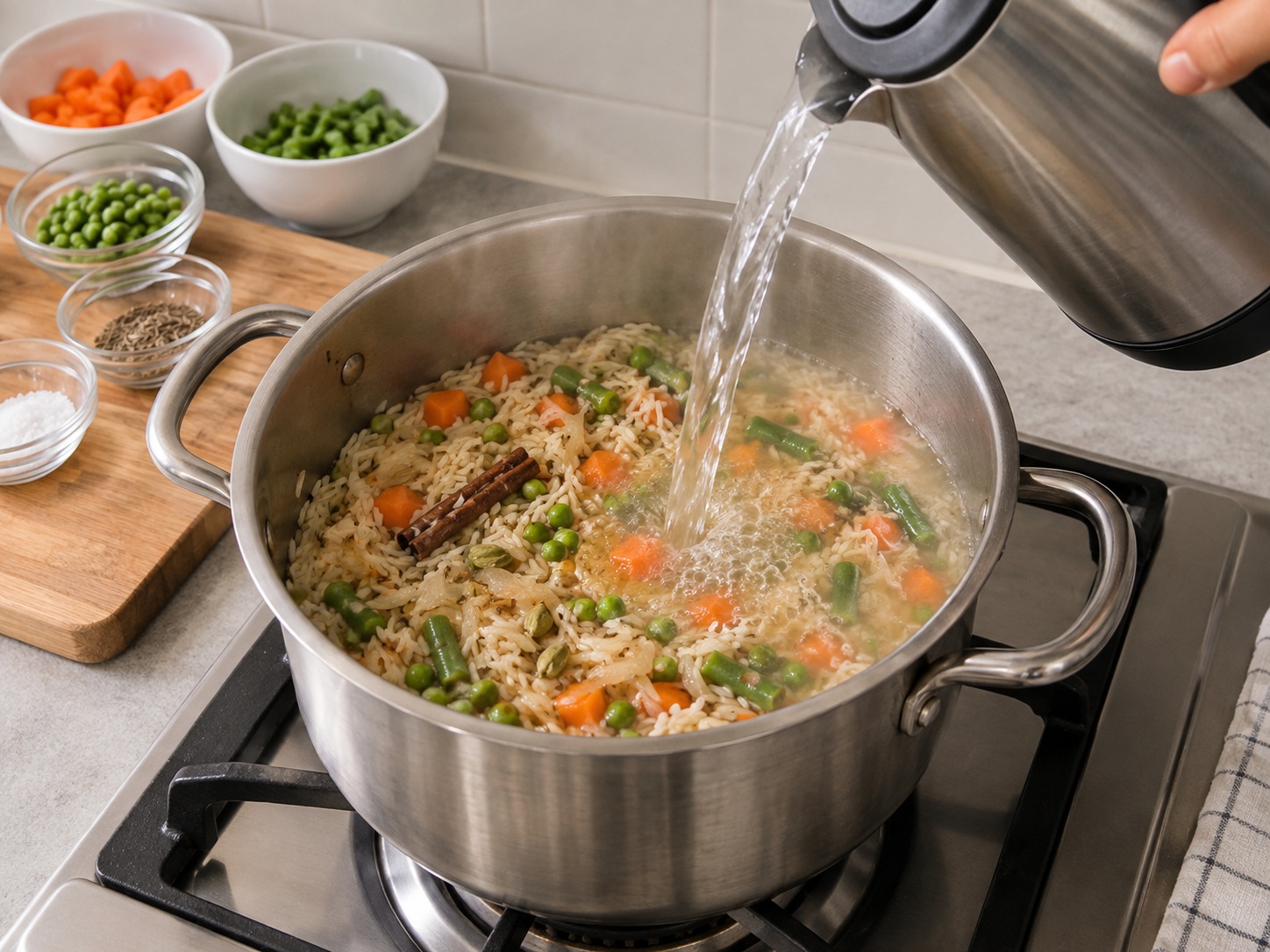 Pulao Sayuran India — Tambahkan air