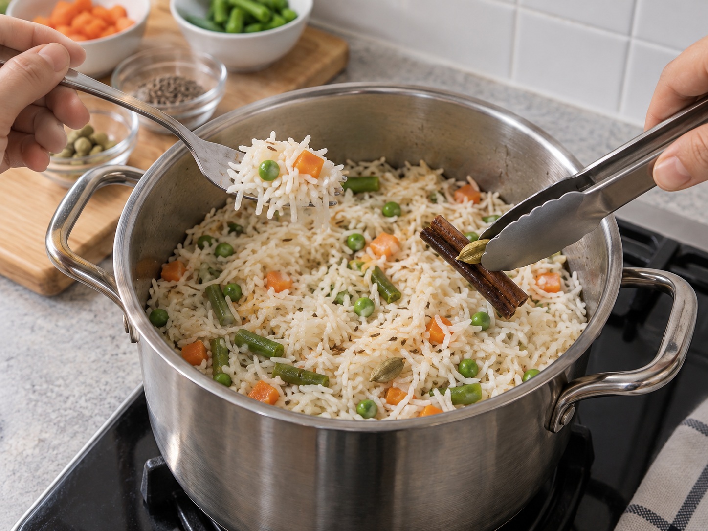 Pulao Sayuran India — Periksa dan buang rempah