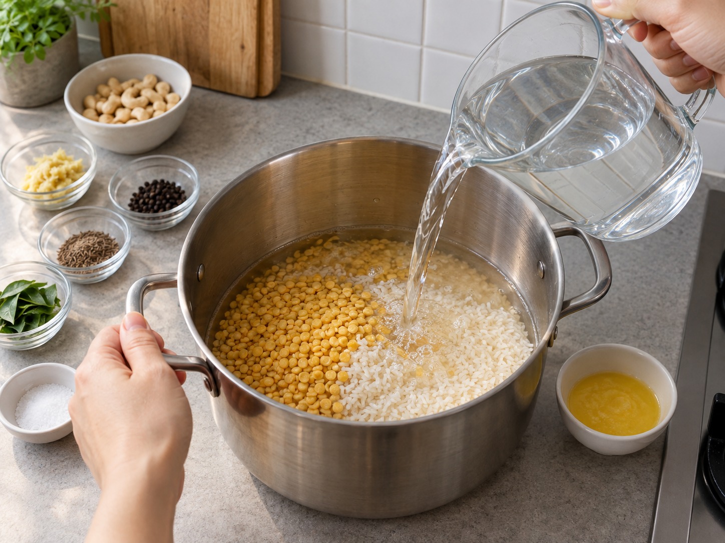 印度胡椒腰果鹹米粥 Ven Pongal — 米、綠豆、水和鹽放入深鍋