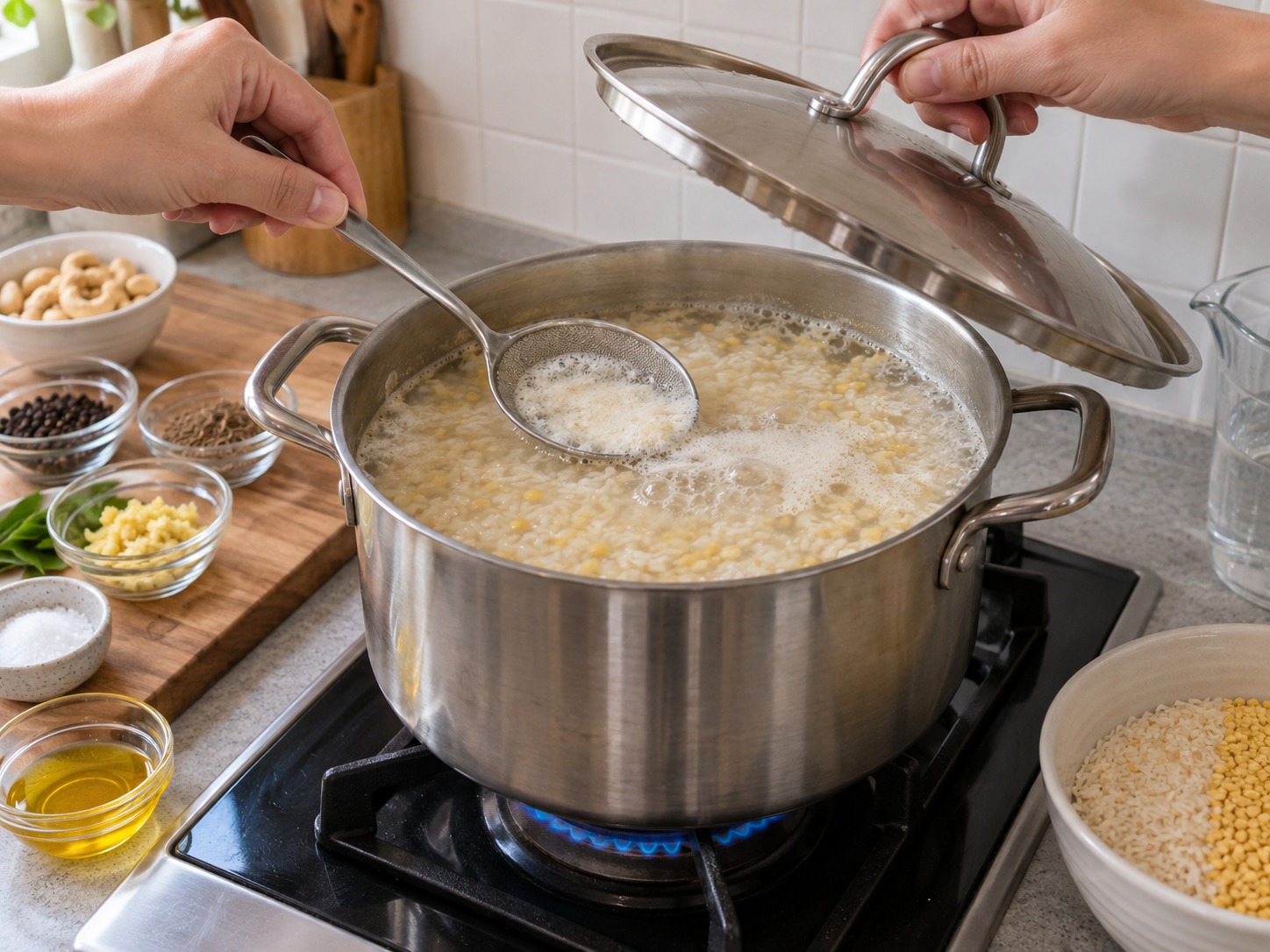 印度胡椒腰果鹹米粥 Ven Pongal — 煮滾後撇泡,轉小火蓋煮二十五分鐘