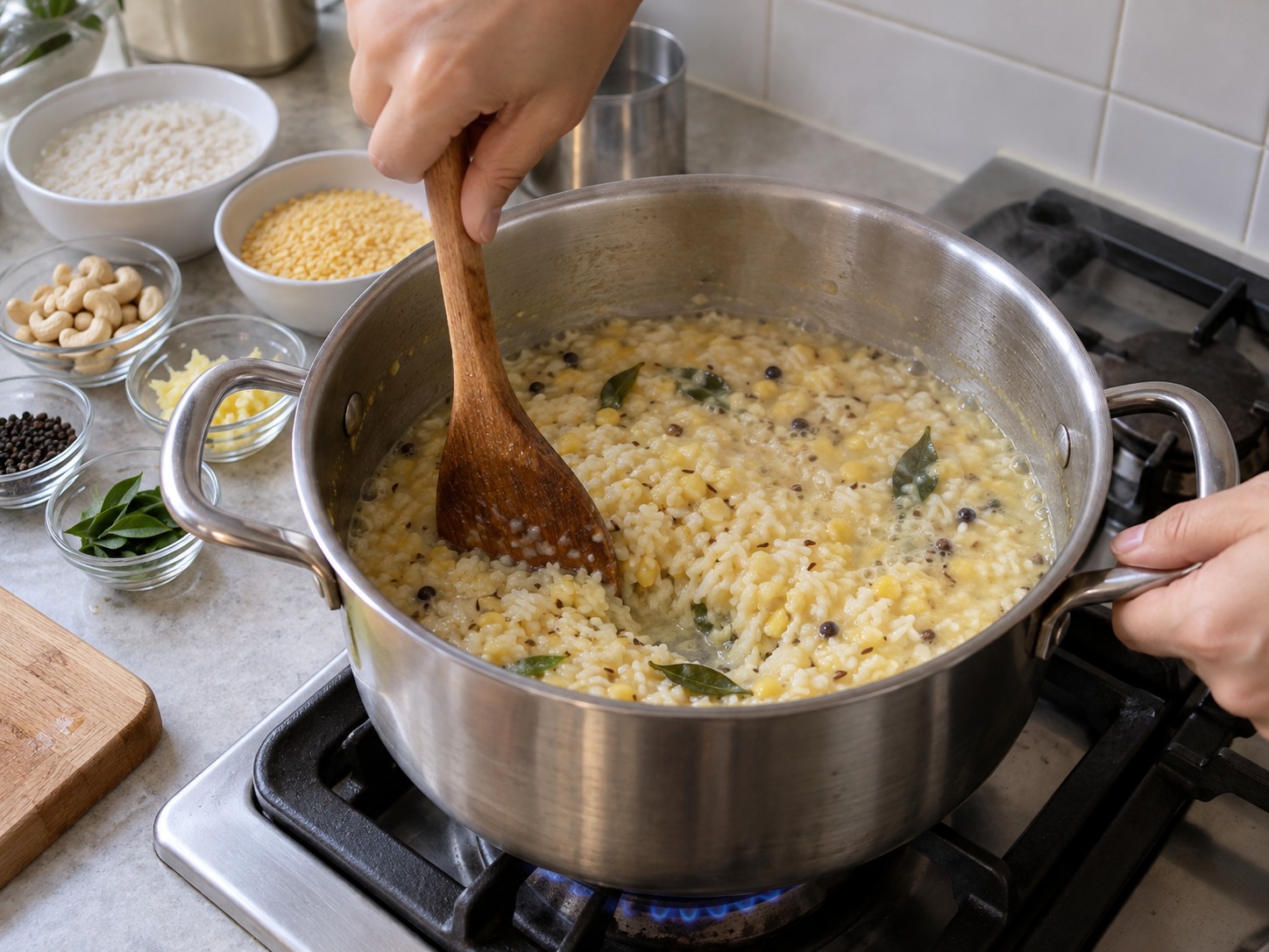 印度胡椒腰果鹹米粥 Ven Pongal — 每隔數分鐘攪拌鍋底,防止黏鍋