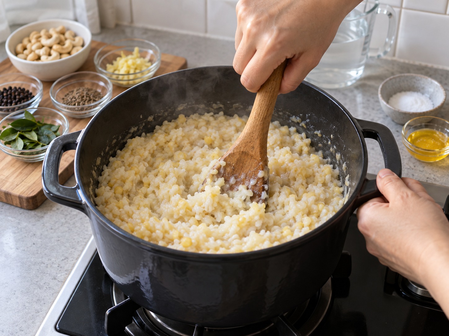印度胡椒腰果鹹米粥 Ven Pongal — 煮至米豆完全柔軟,可用匙壓碎