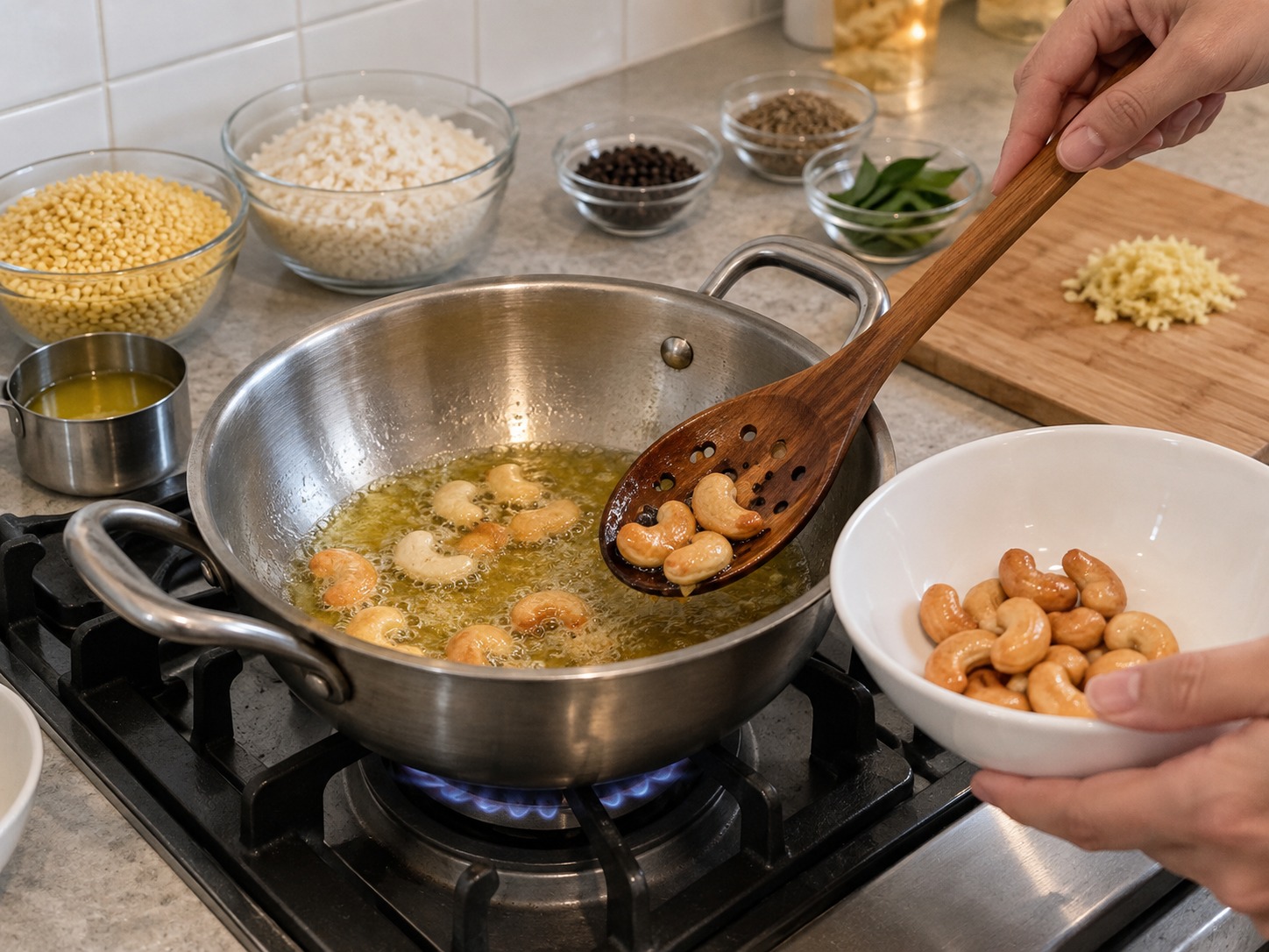 印度胡椒腰果鹹米粥 Ven Pongal — 小鑊加酥油,先炸腰果至金黃,盛起