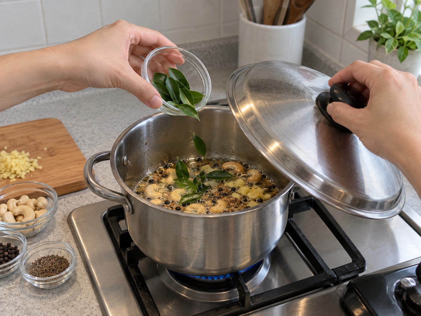 印度胡椒腰果鹹米粥 Ven Pongal — 加咖喱葉,蓋一下防止彈油