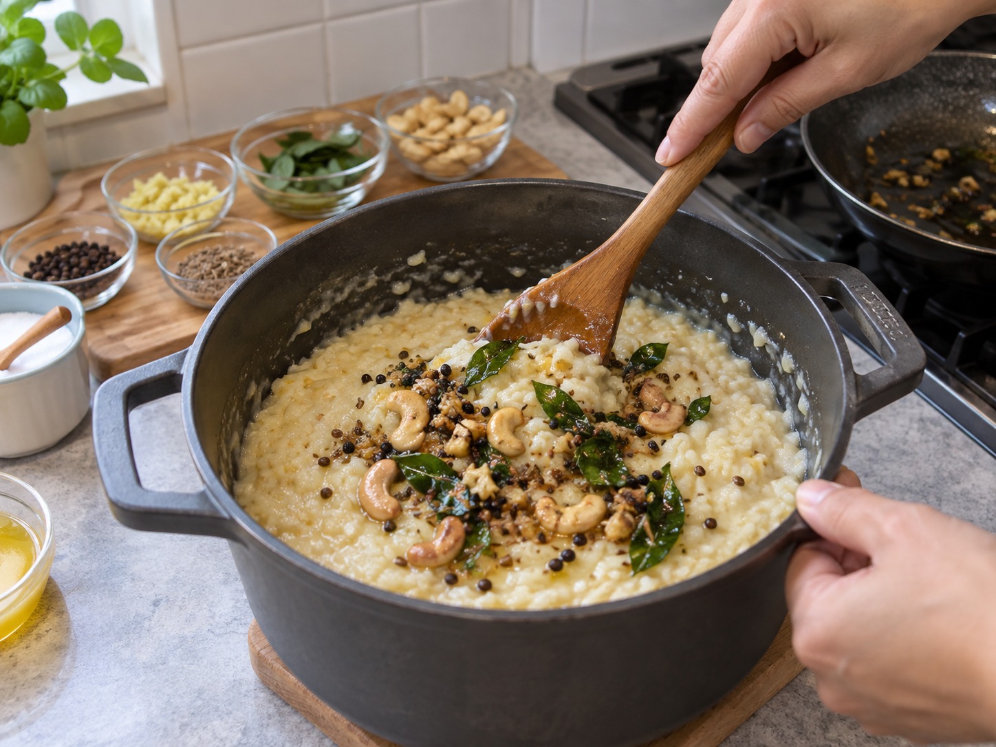 印度胡椒腰果鹹米粥 Ven Pongal — 把香料酥油和腰果拌入米粥