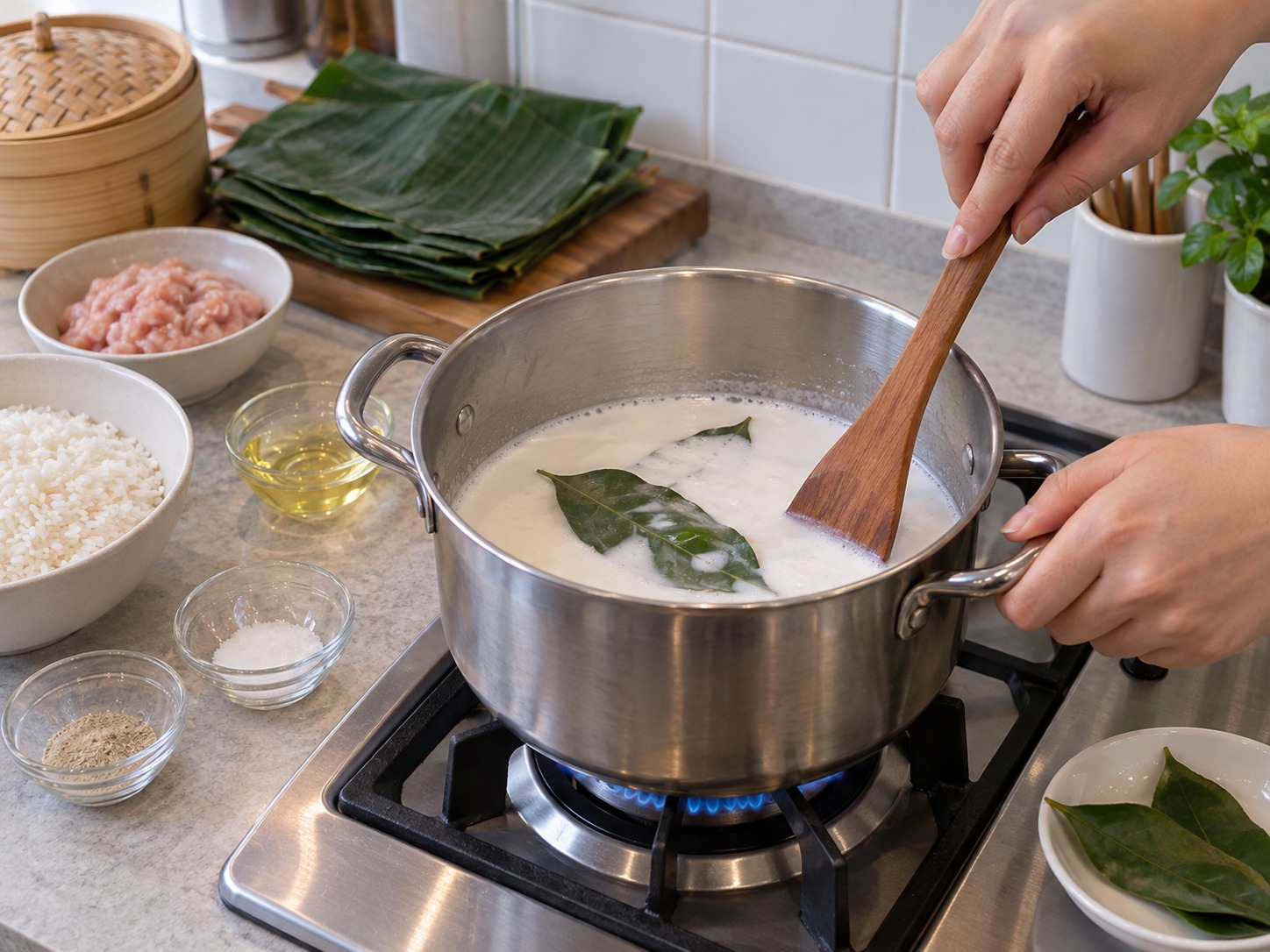 印尼香蕉葉椰香飯卷 Arem-Arem — 椰奶加入 salam 葉和半份鹽，小火加熱不要煮破