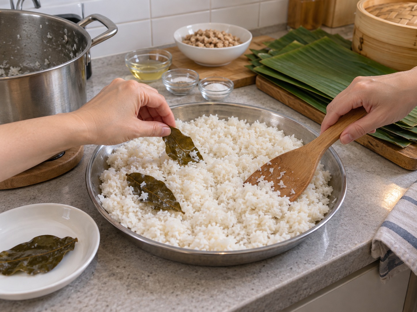 印尼香蕉葉椰香飯卷 Arem-Arem — 攤開椰香飯降溫，挑走 salam 葉