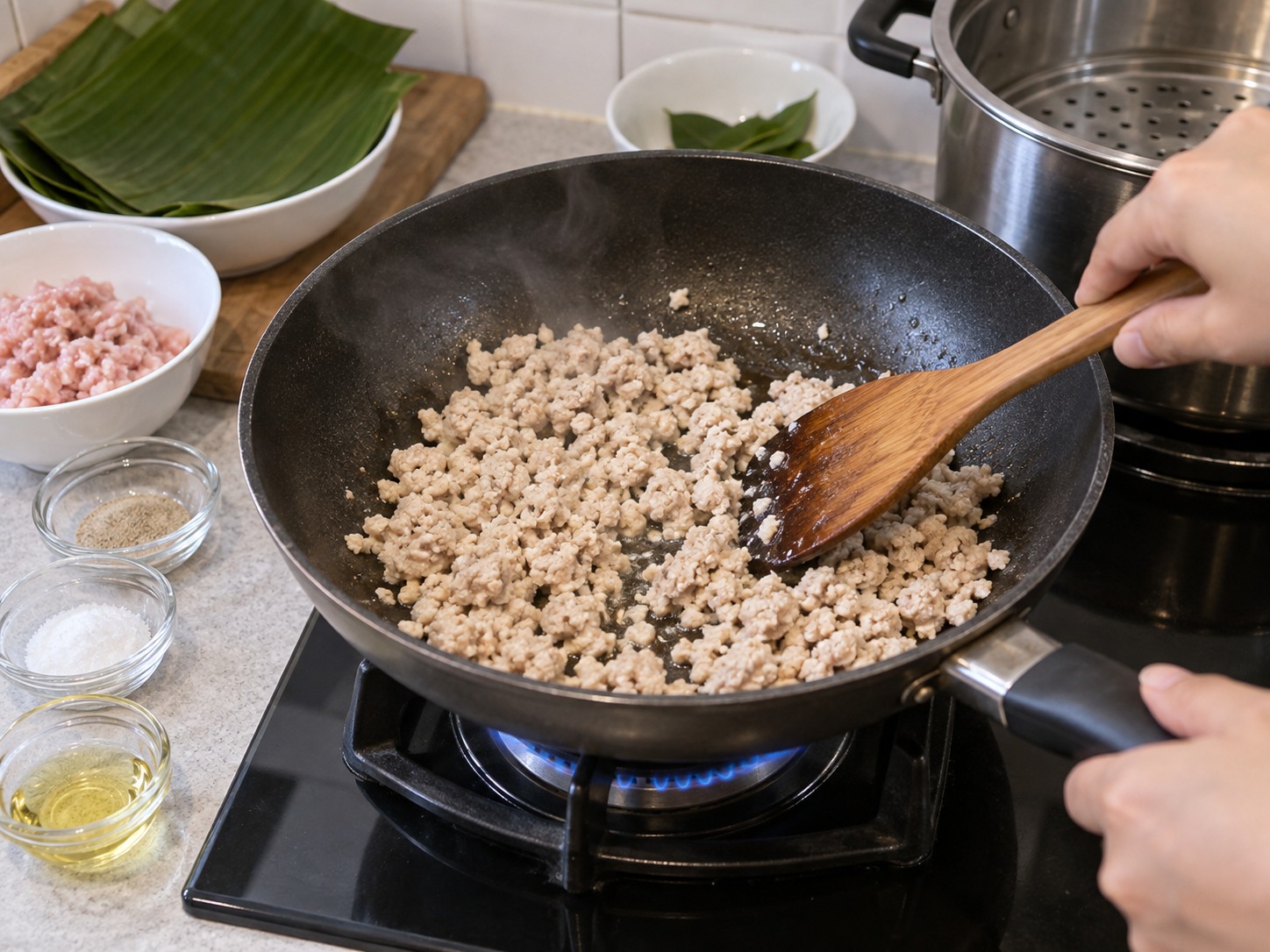 印尼香蕉葉椰香飯卷 Arem-Arem — 厚鍋加入一湯匙油，炒雞肉碎至鬆散並完全轉白