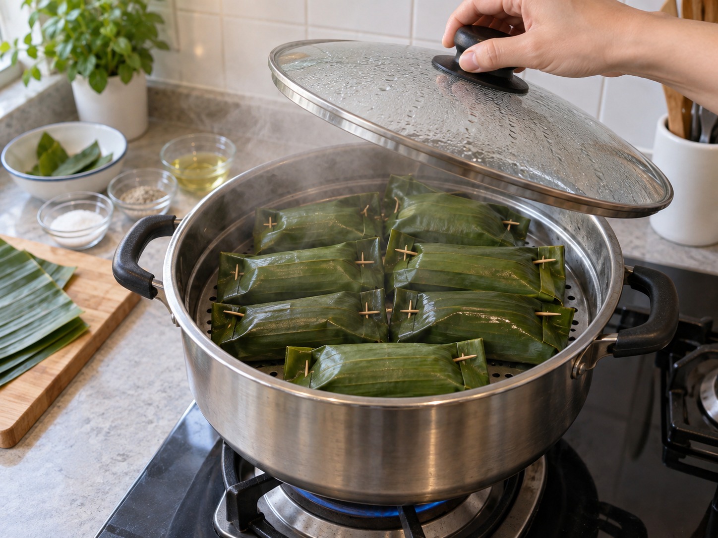 印尼香蕉葉椰香飯卷 Arem-Arem — 大火蒸三十分鐘，飯卷中心要完全熱透