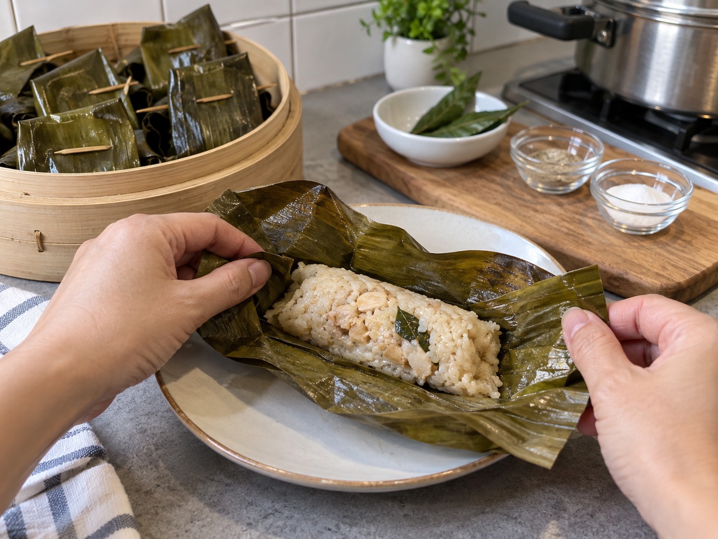 印尼香蕉葉椰香飯卷 Arem-Arem — 離火靜置十分鐘定形，剝開香蕉葉上桌
