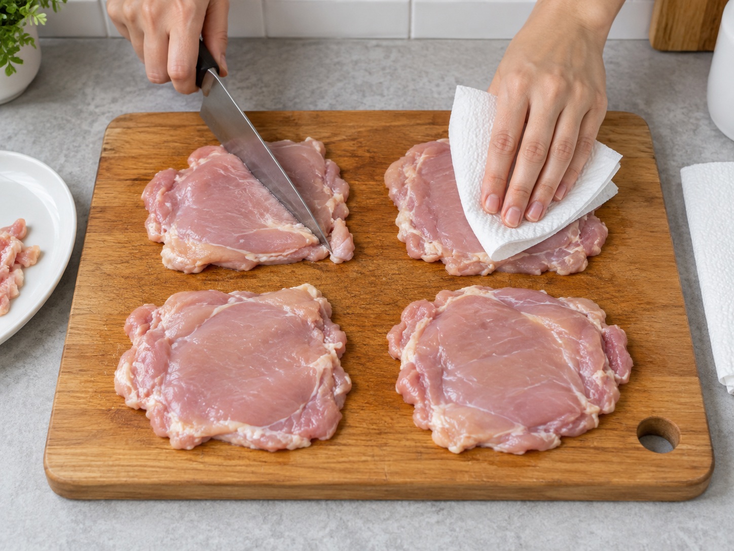 Indonesian Ayam Geprek Chicken — Cut and dry four chicken cutlets