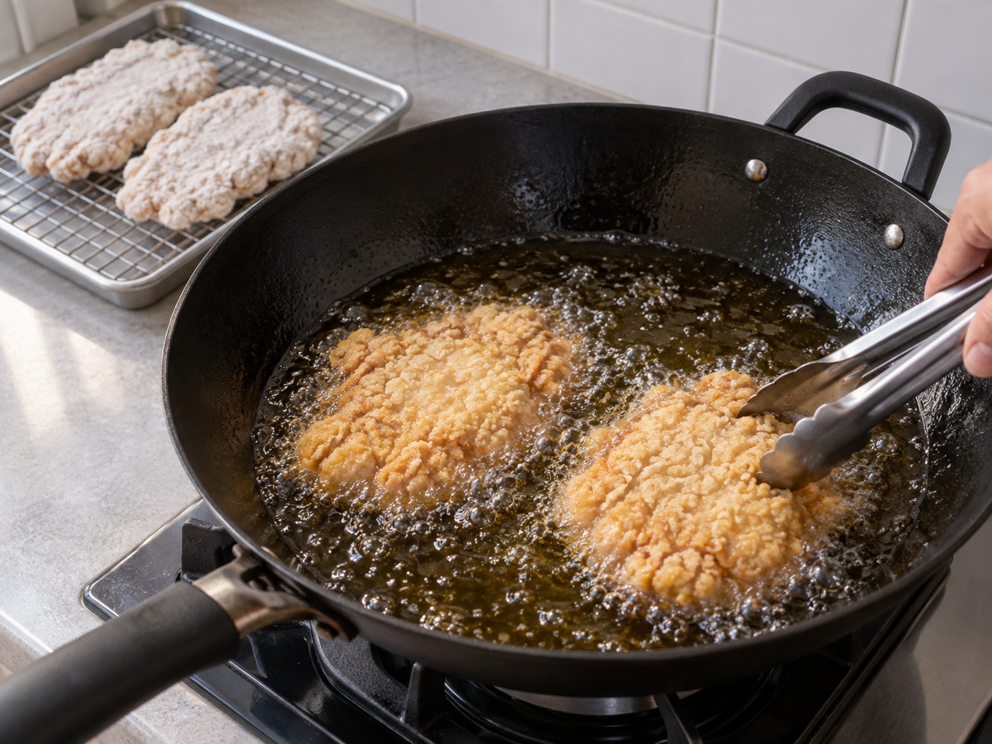Indonesian Ayam Geprek Chicken — Fry the first sides in two batches