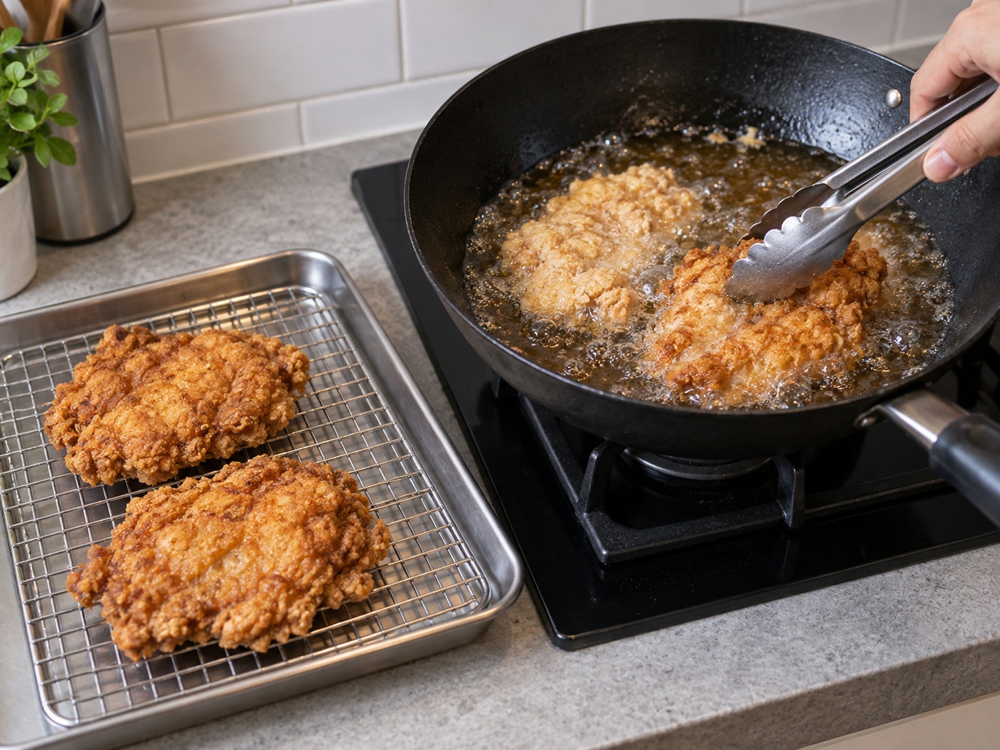 Indonesian Ayam Geprek Chicken — Turn and fry until deep gold