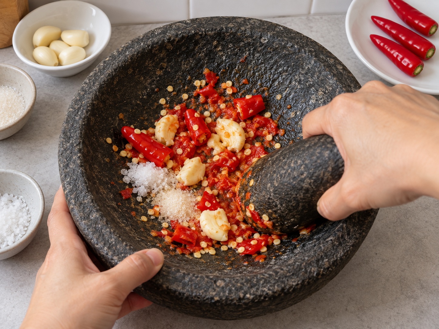 Indonesian Ayam Geprek Chicken — Pound the coarse fresh sambal