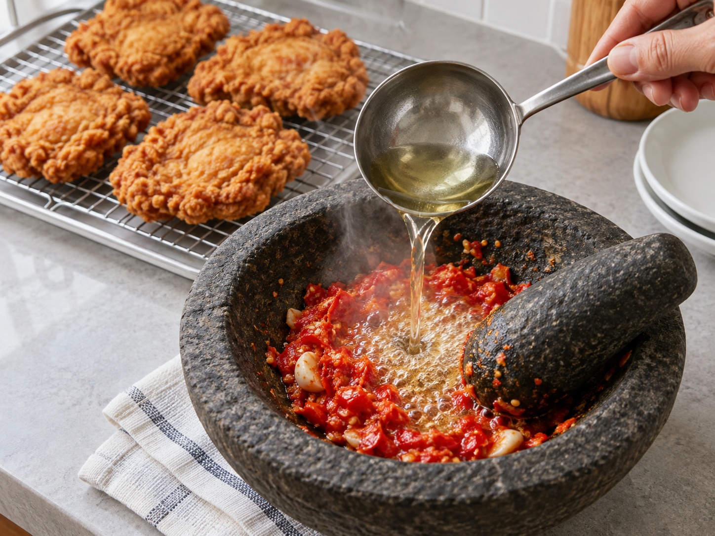 Indonesian Ayam Geprek Chicken — Bloom sambal with reserved hot oil