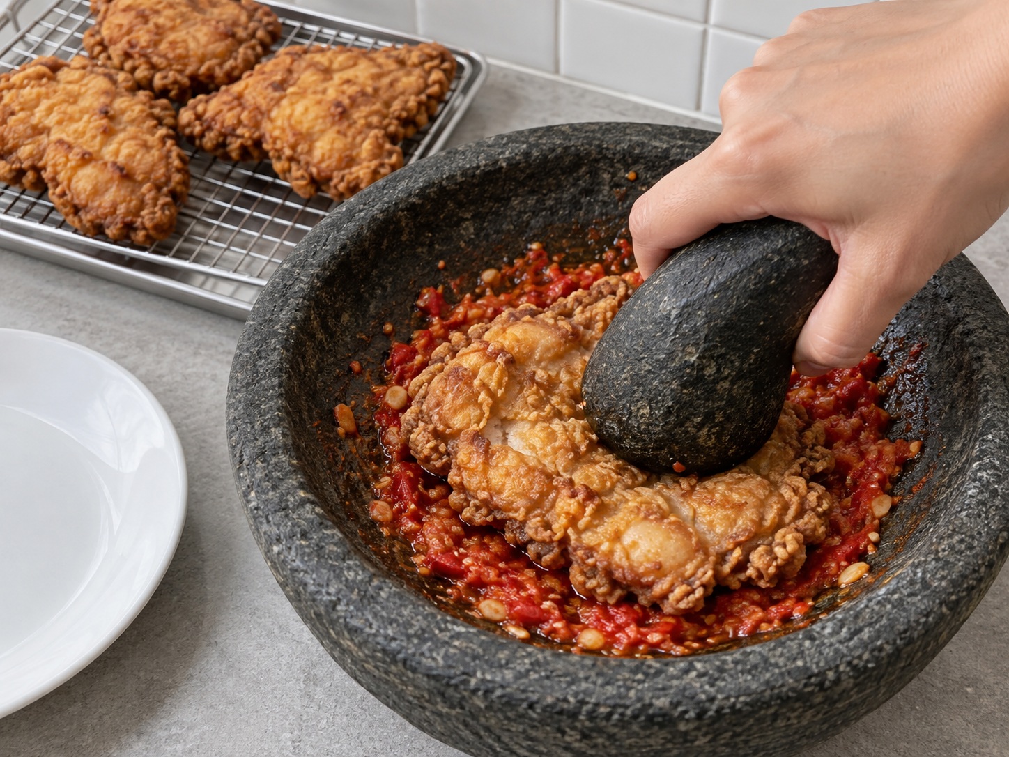 Indonesian Ayam Geprek Chicken — Press chicken once into sambal