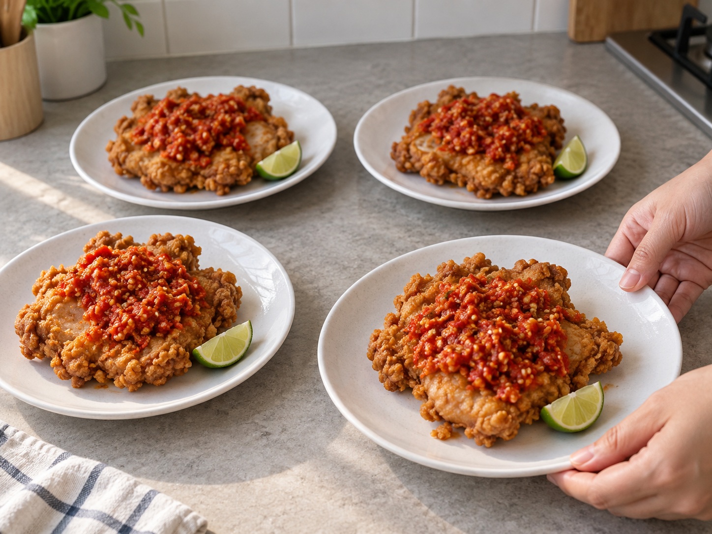 Indonesian Ayam Geprek Chicken — Serve each portion immediately