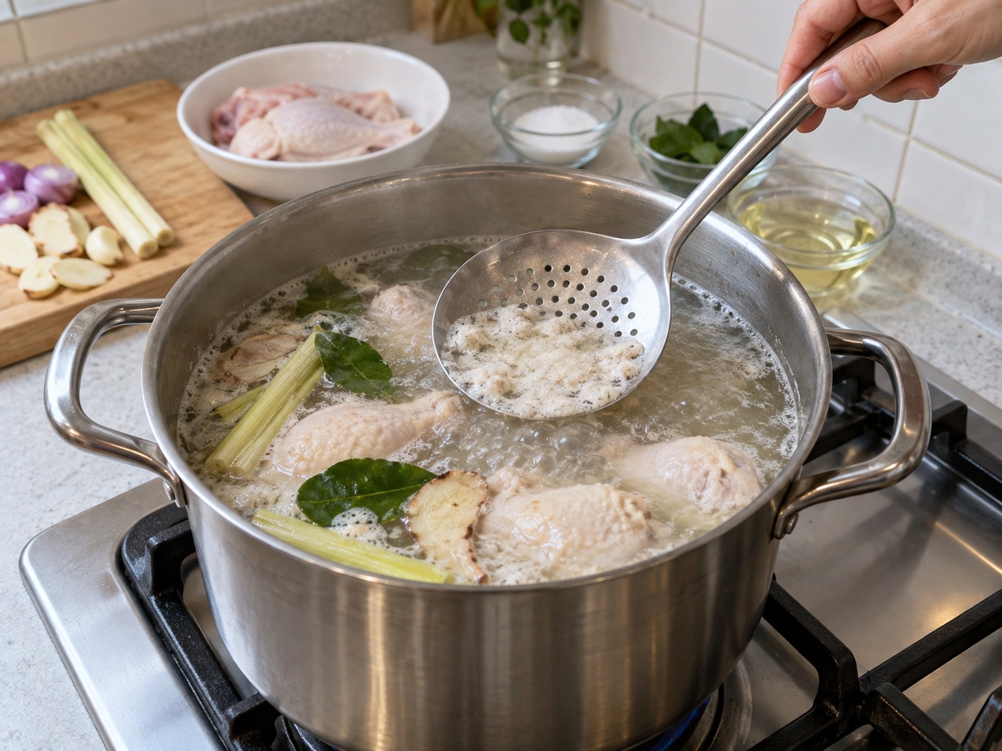 印尼巴東白炸雞 Ayam Pop — 煮滾後撇去浮沫