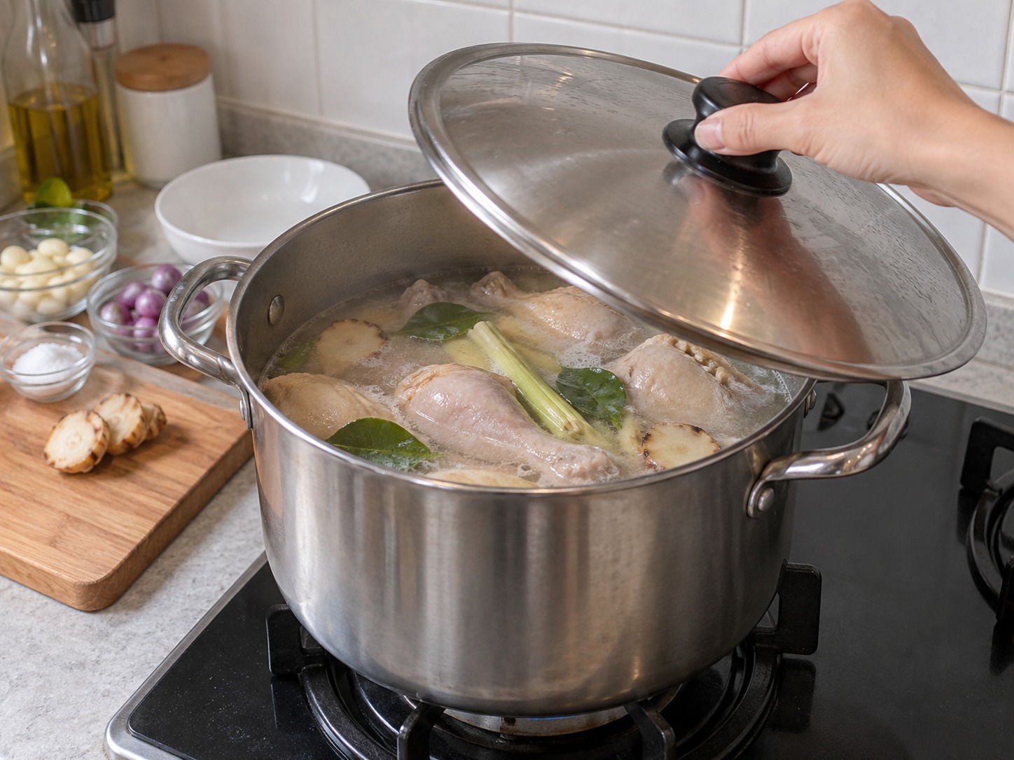 印尼巴東白炸雞 Ayam Pop — 加蓋小火煮三十五分鐘