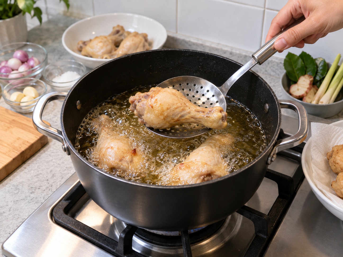 印尼巴東白炸雞 Ayam Pop — 每批短炸至表面乾爽淡金